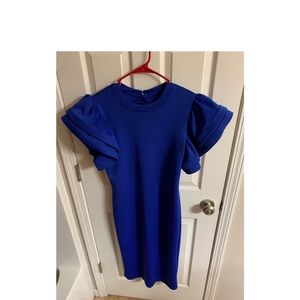 Worn once, Beautiful blue, knee length ruffled shoulder fitted midi dress